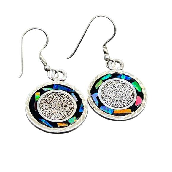 Sterling silver stamped 925 Inlaid Multicolor Dangle Earrings - Picture 1 of 8